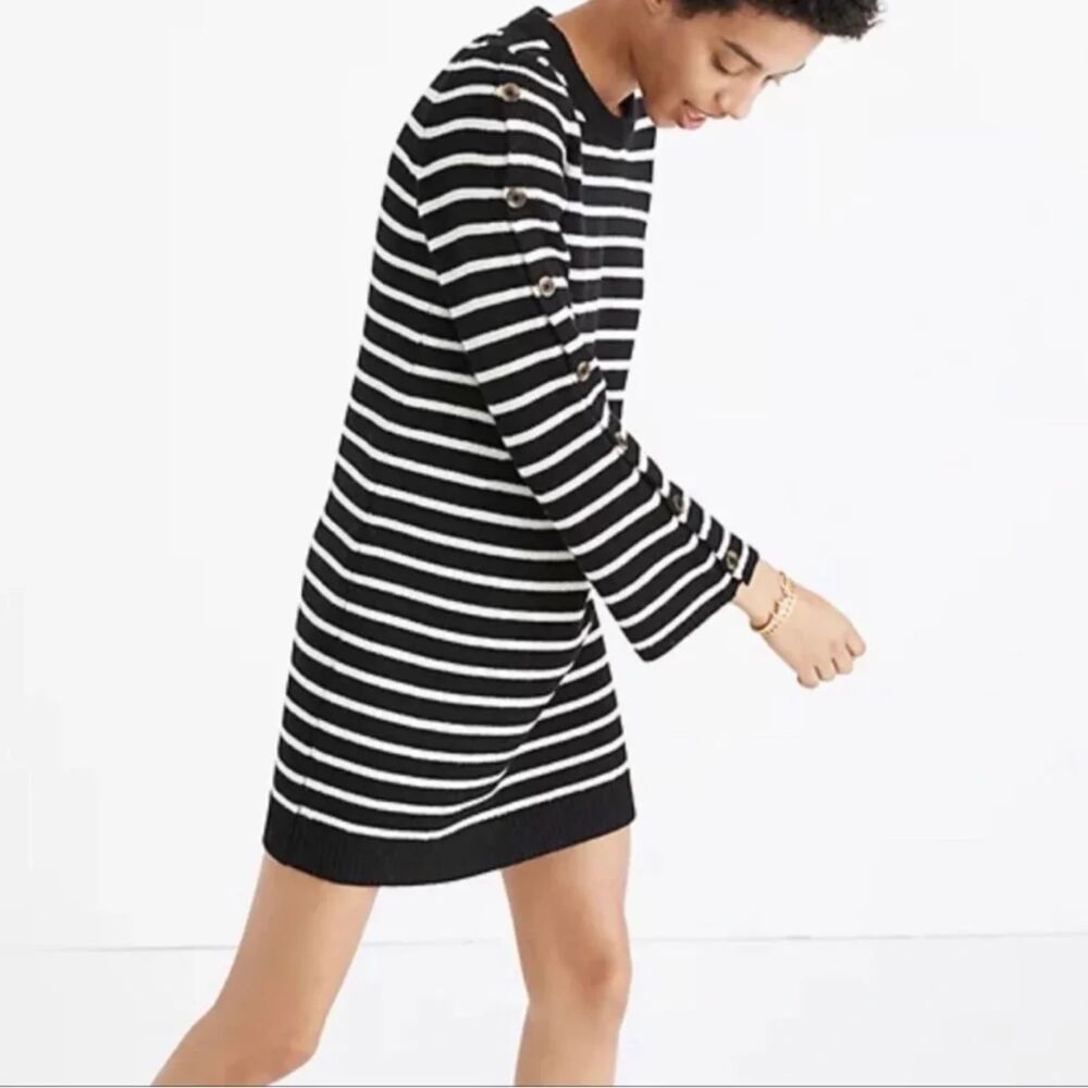 Madewell Button Sleeve Sweater Dress Merino Wool Stripe Womens M Crewneck Midi